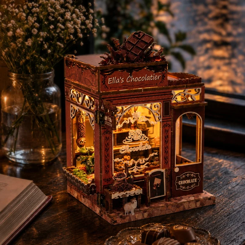 DIY 3D Wooden Ella's Chocolatier Shop Cottage Jigsaw Puzzles Miniature Model Kits Mini Casa for Friends Birthday Gifts