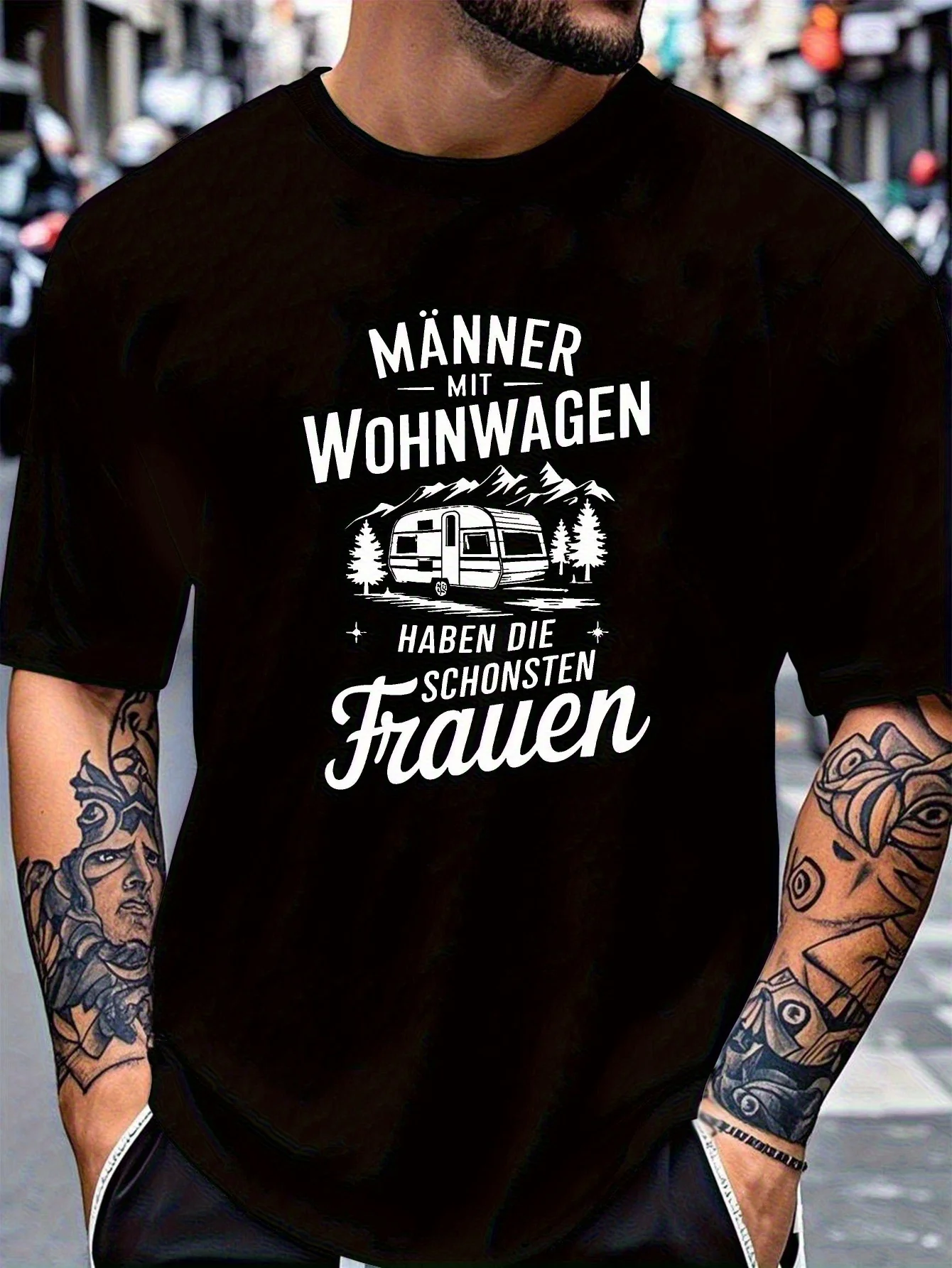 Herren-Camping-T-Shirt – Mann mit Wohnwagen-Design, lässiges Kurzarm-Rundhals-T-Shirt mit Vintage-Wohnwagen-Print, leichtes Sommer-T-Shirt