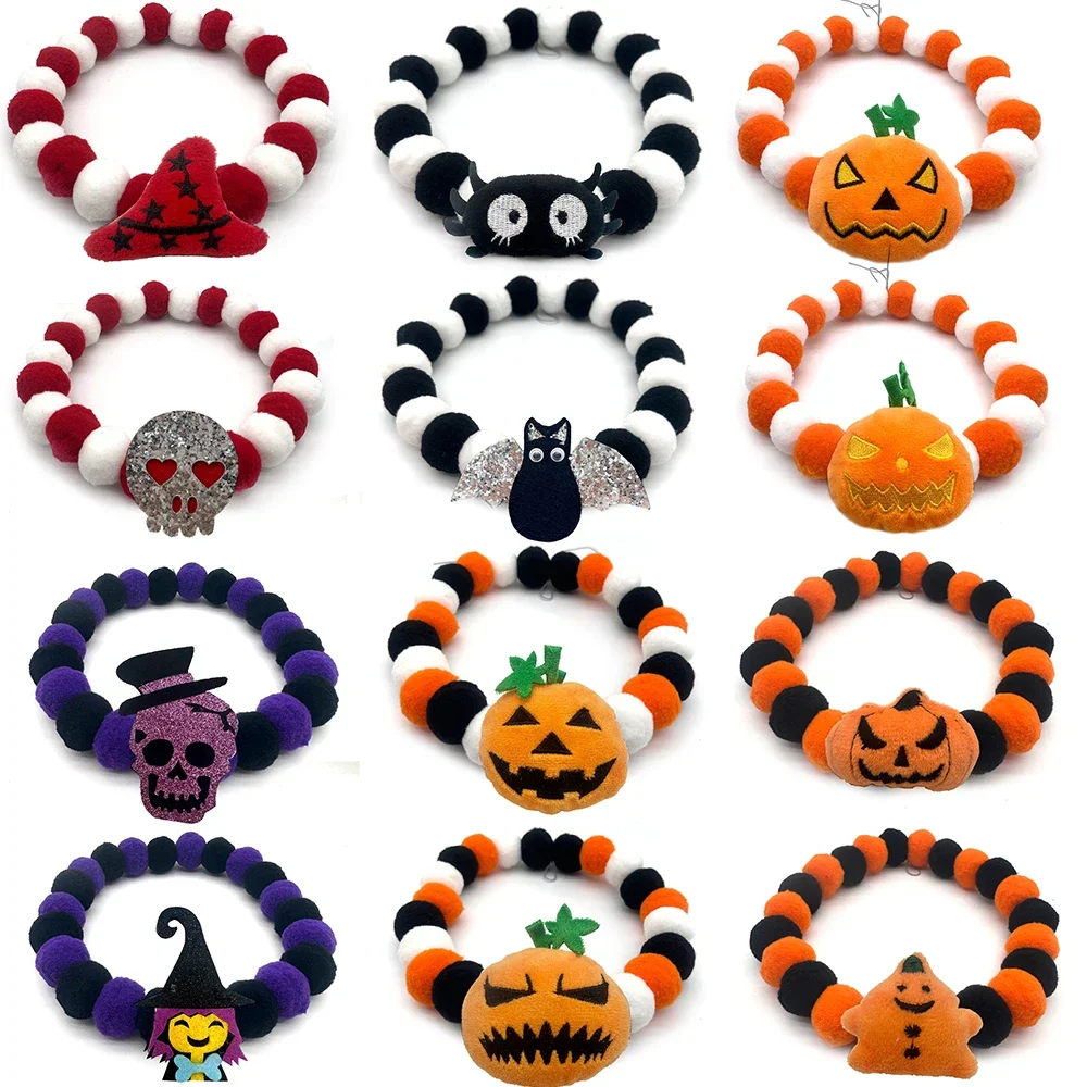 12pcs Halloween Style Pet Dog Cat HairBall Necklace Collar Cute Pumpkin Pet Dog Cat Collar Neckties Dog Grooming Accessories