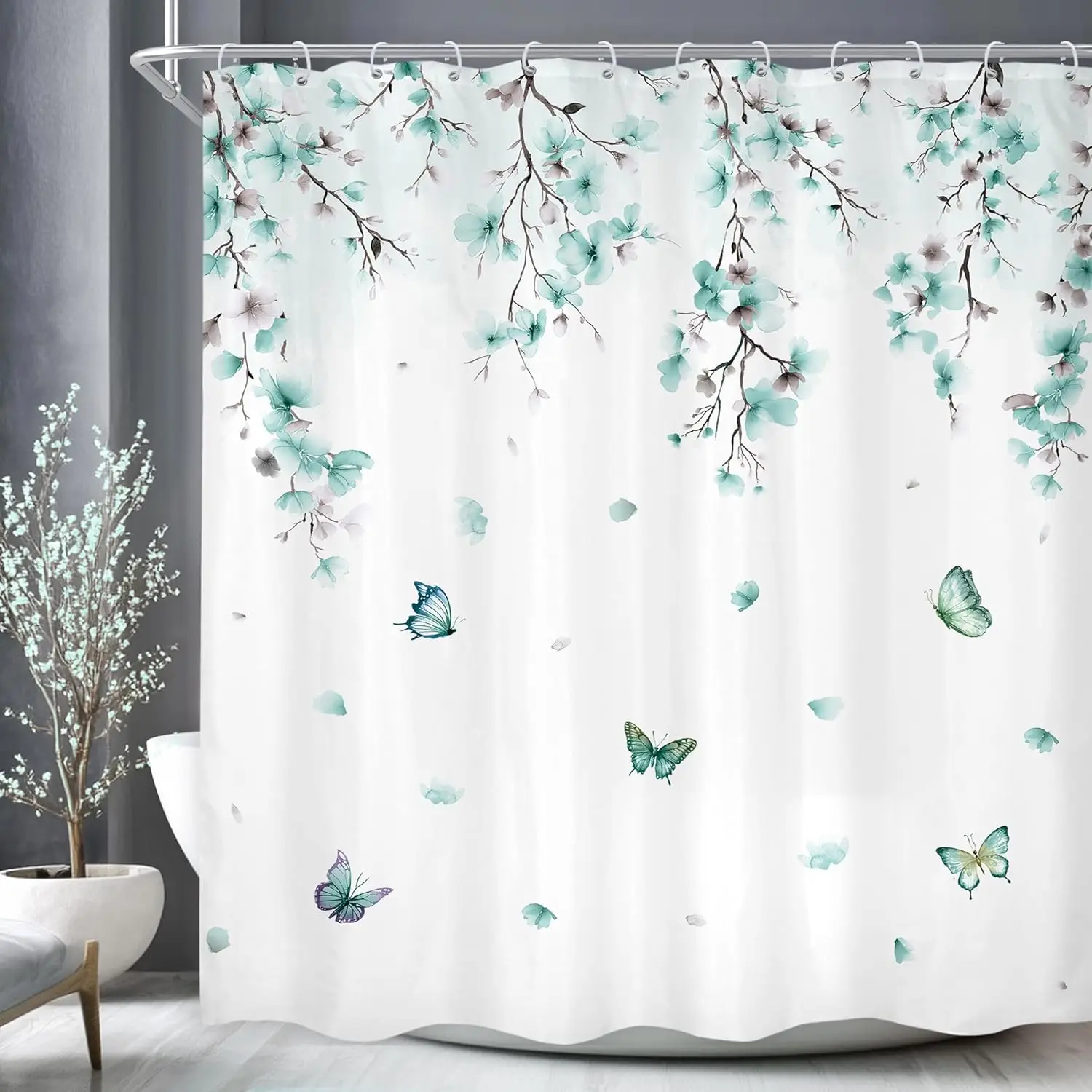 

Занавеска для душа с цветочным принтом и бабочками, мятно-синие цветы и бабочки, декор для ванной комнаты, весенний дизайн, водонепроницаемая ткань, элегантный стиль