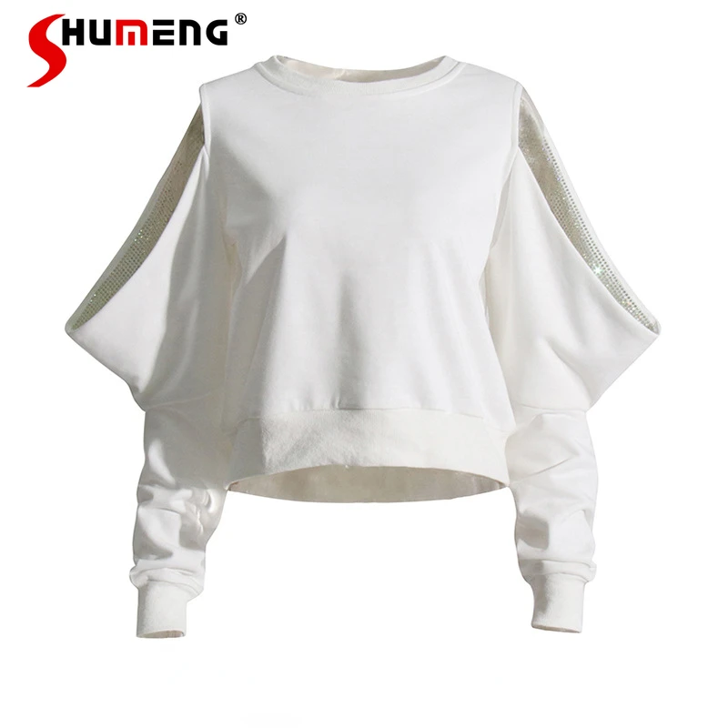 

Simple Casual Tops 2024 Early Spring New Hollow Out Off-the-Shoulder Loose Solid Color All-Matching Long Sleeve Sweatshirts