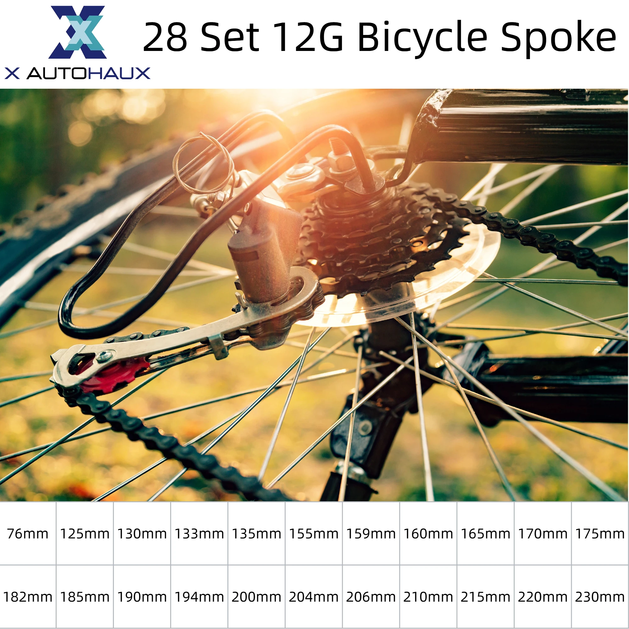 X Autohaux 28 Set 12G Bicycle Spoke 182mm 185mm 190mm 194mm 200mm 204mm 206mm 210mm 215mm 220mm 230mm Carbon Steel Galvanized