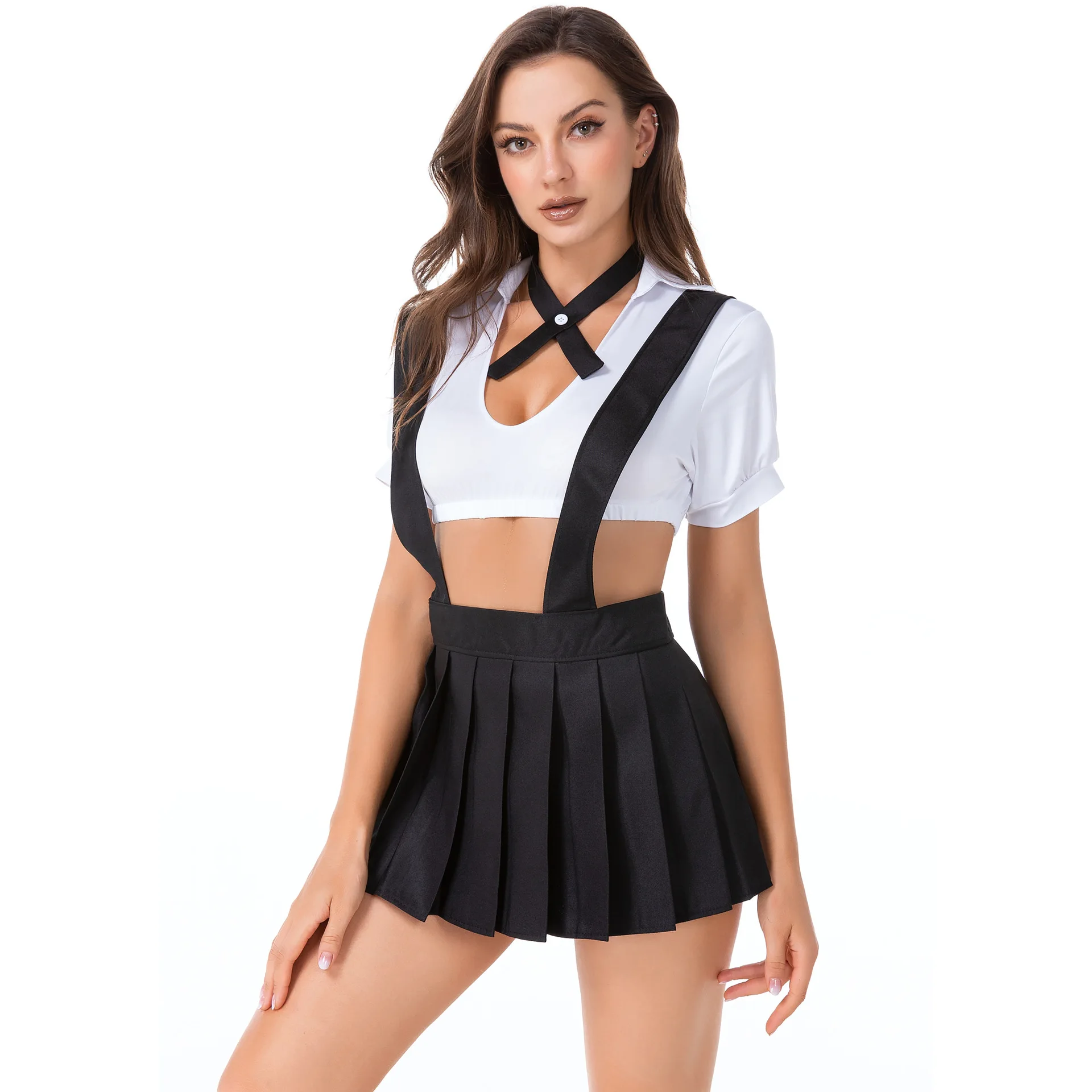 

Student Uniform Halter Top Skirt Set Basketball Football Cheerleader Costume Stage Performance Outfit Halloween Theme