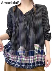 Amax luluE 2025 Spring Clothes Womens Casual Fashion Striped Shirts Ladies Vintage Loose Luxury Blouses Sexy Elegant V Neck Tops