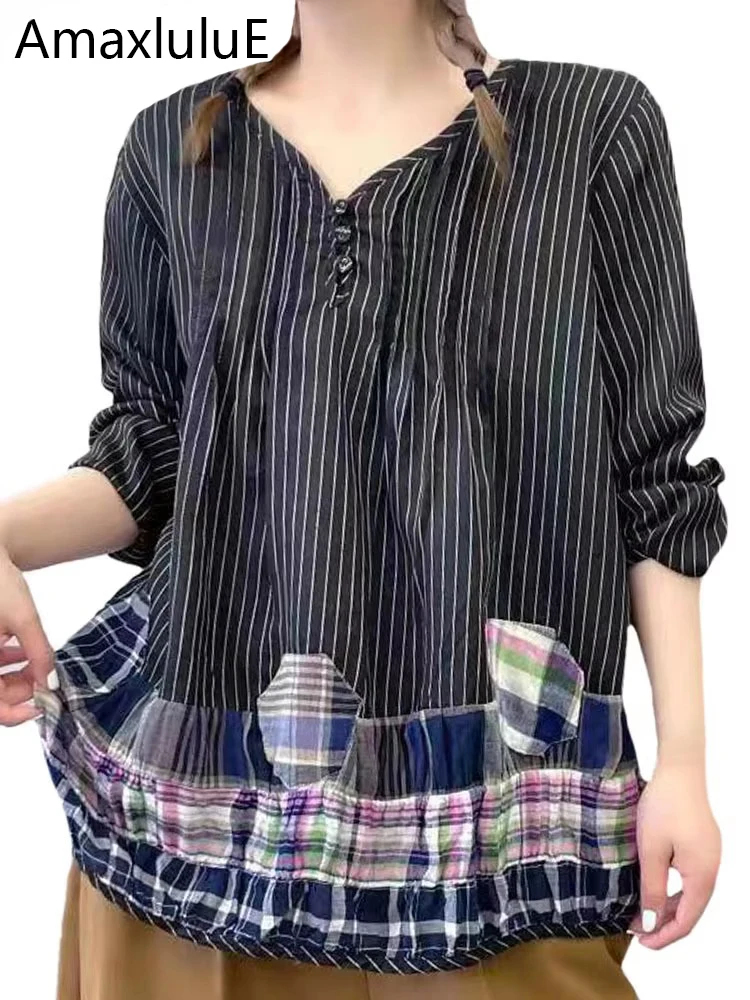 Amax luluE 2025 Wiosenne ubrania damskie Casual Fashion Koszule w paski Ladies Vintage Luźne luksusowe bluzki Seksowne eleganckie topy z dekoltem V