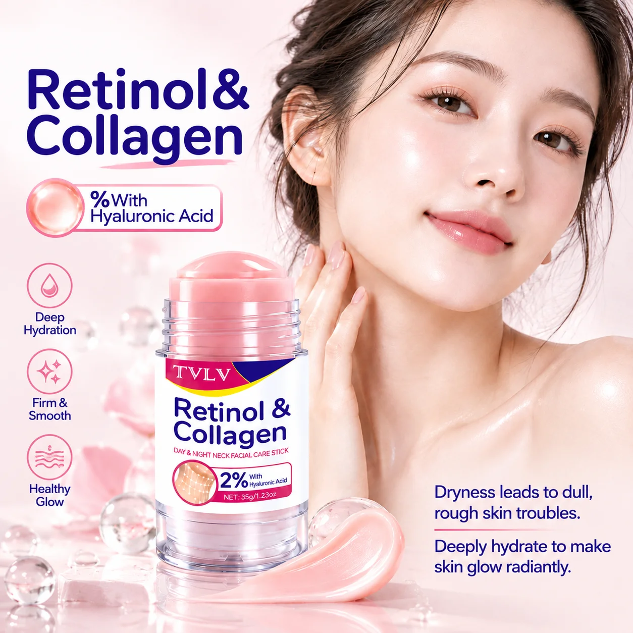 TVLV Retinol & Collagen Day Night Neck Facial Care Stick, 2% Hyaluronic Acid Solid Balm, Deep Hydration Firm Smooth Skin Glow