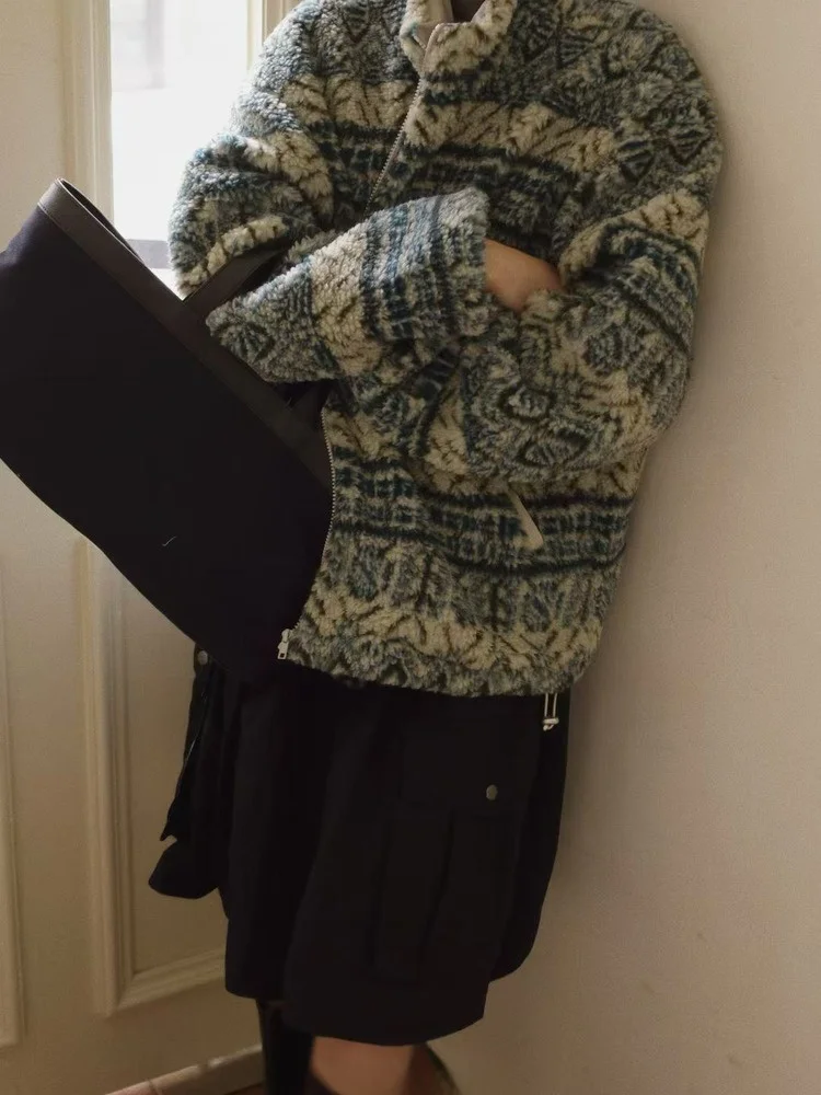 

Женская свободная теплая зимняя куртка из овечьей шерсти и хлопка с воротником-стойкой, модная утепленная верхняя одежда с узором, на молнии, с длинными рукавами
