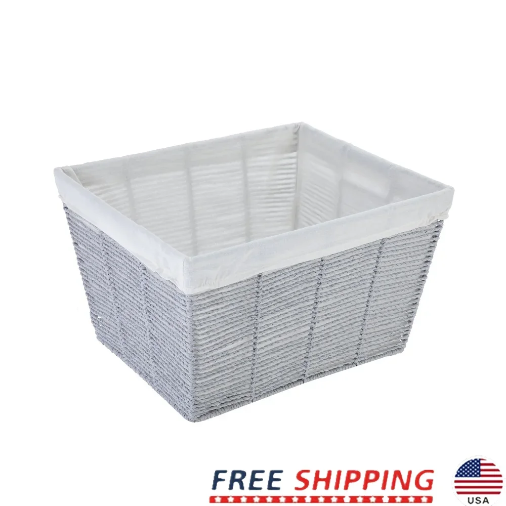 

Medium Grey Twisted Paper Rope Decorative Storage Basket with Cutout Handles Removable Liner Bohemian Organizing Solution Modern