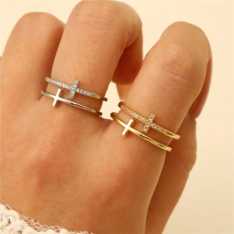 Elegant Double Layer Cross Open Ring for Women Minimalist CZ Stackable Adjustable Finger Ring Female Party Wedding Jewelry 2026