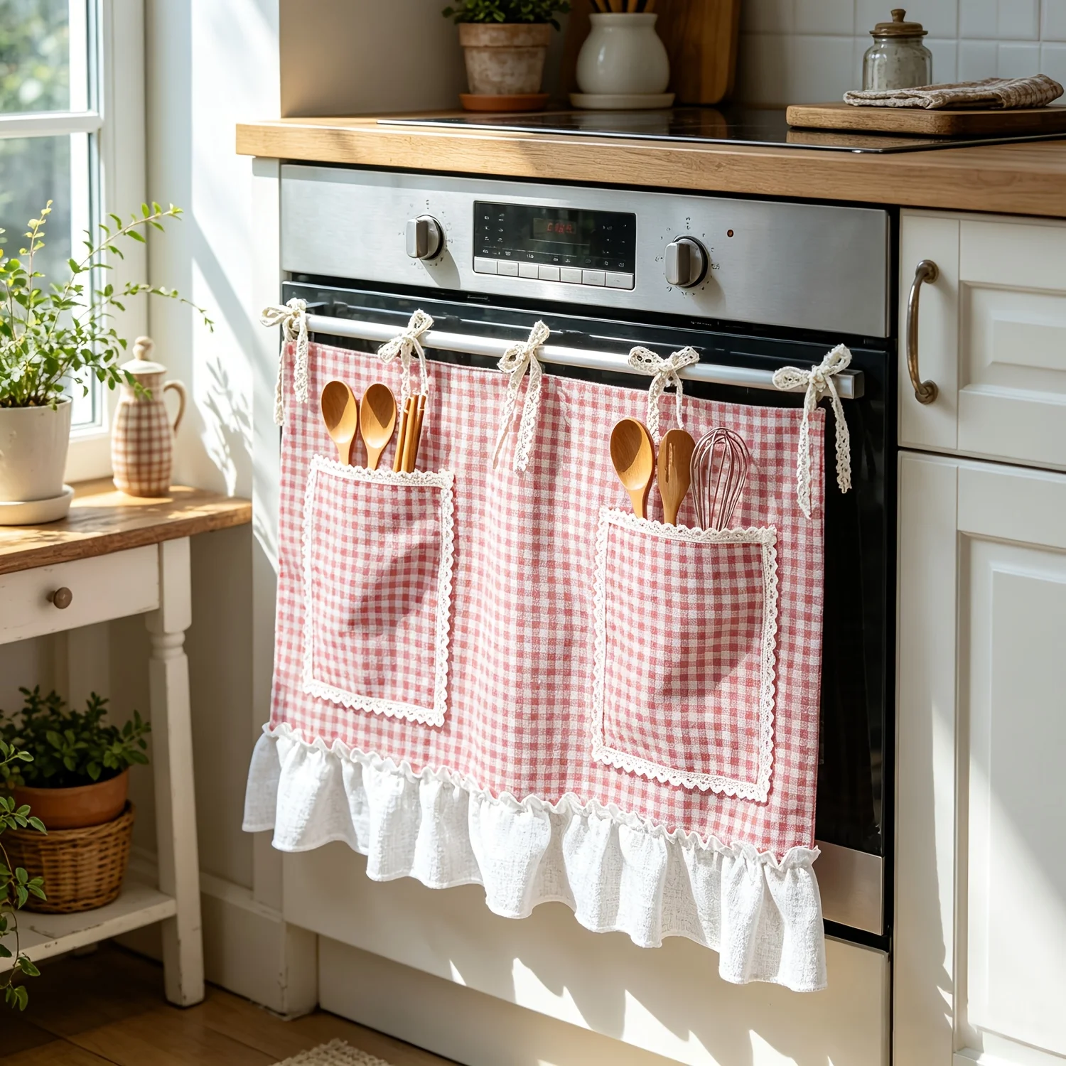 1pc Pink Plaid Oven Curtain with Tie Top, Vintage Ruffle Design with Decor Pocket, Kitchen Dishwasher Skirt Curtain