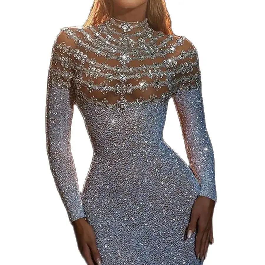 Customized Queen's Gala Prom Party Dress Bodycon Silver Long Sleeves Pure Color Sequin Winter Fall Stand Collar Mermaid Tight