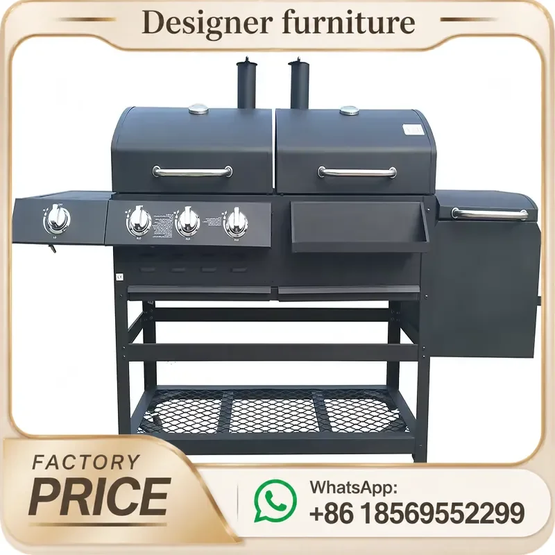 Gas Charcoal Combo Grill Cast Iron BBQ Grills Outdoor Garden Courtyard Trolley For Large Family Party Heavy Duty Portable