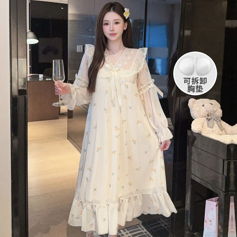 

2026 Autumn Long Sleeve Sexy Lace V-neck Cotton Print Nightgowns for Women Korean Sleepwear Night Dress Nightdress Home Nighty