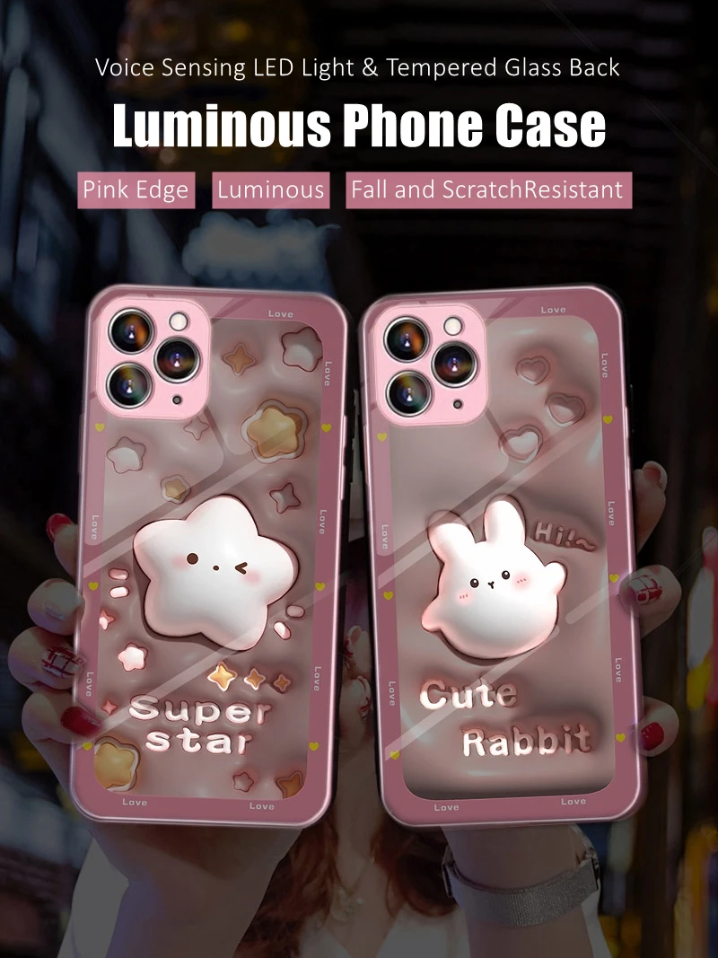 

Girls Cute Gift Pink LED Light Glow Luminous Tempered Glass Phone Case for Samsung S24 S22 S23 Note 10 20 A14 A54 A73 Plus Ultra