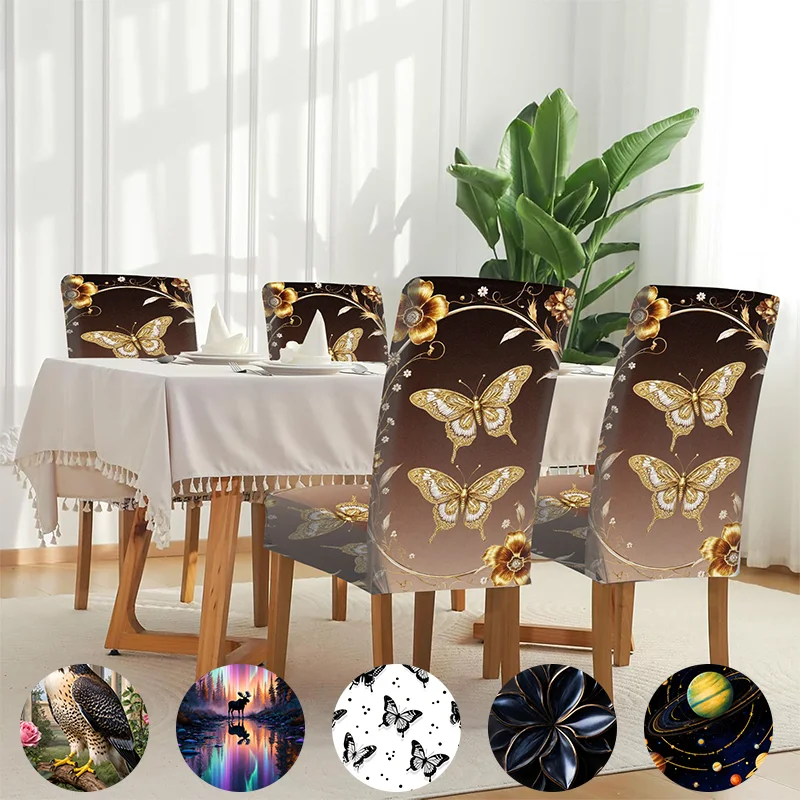 Elastic dining chair cover gilt butterfly dance light luxury flower decoration simple style removable, washable