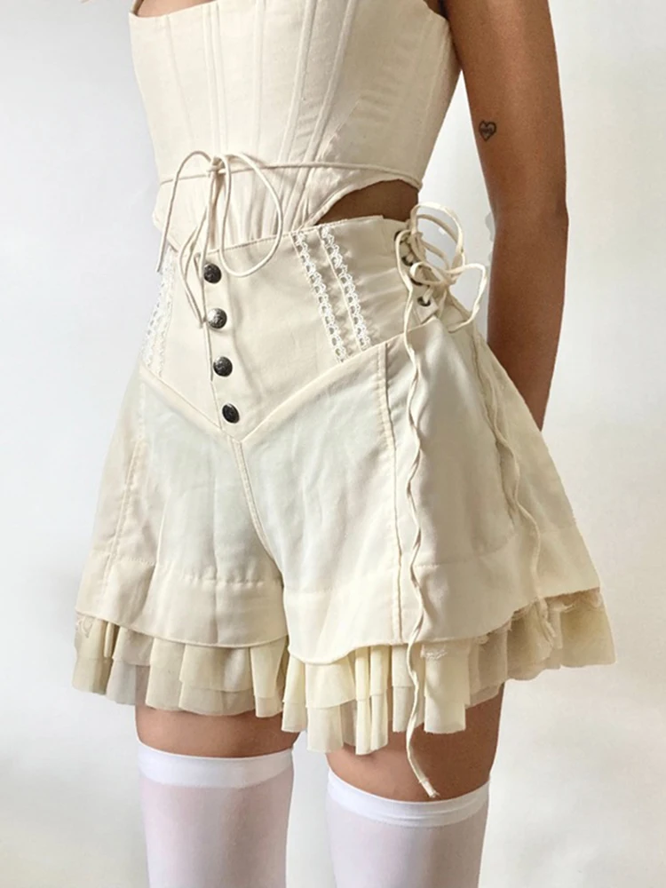 Fairycore Y2K السراويل خمر النساء الكشكشة الجانب ضمادة السراويل 2000S عالية الخصر فضفاض زر حتى السراويل