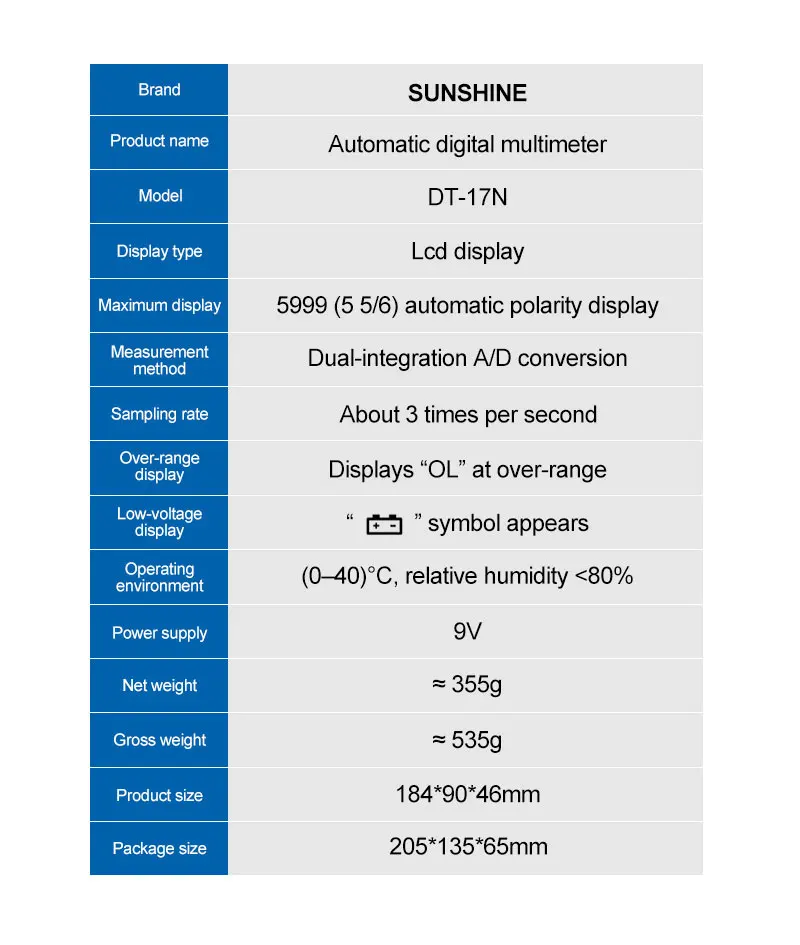 SUNSHINE DT-17N 2.0 Digitalmultimeter Smart Anti-Burn, Kontinuitätssummer, hochpräzise Messung, Reparaturwerkzeuge mit schneller Reaktion – Detail 19