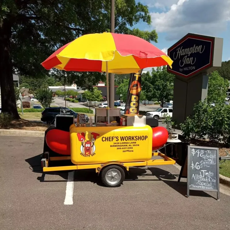 

Mobile Hot Dog Stand Cart on Wheels Towable Burgers Food Vending Trailer - With Grill Fryer