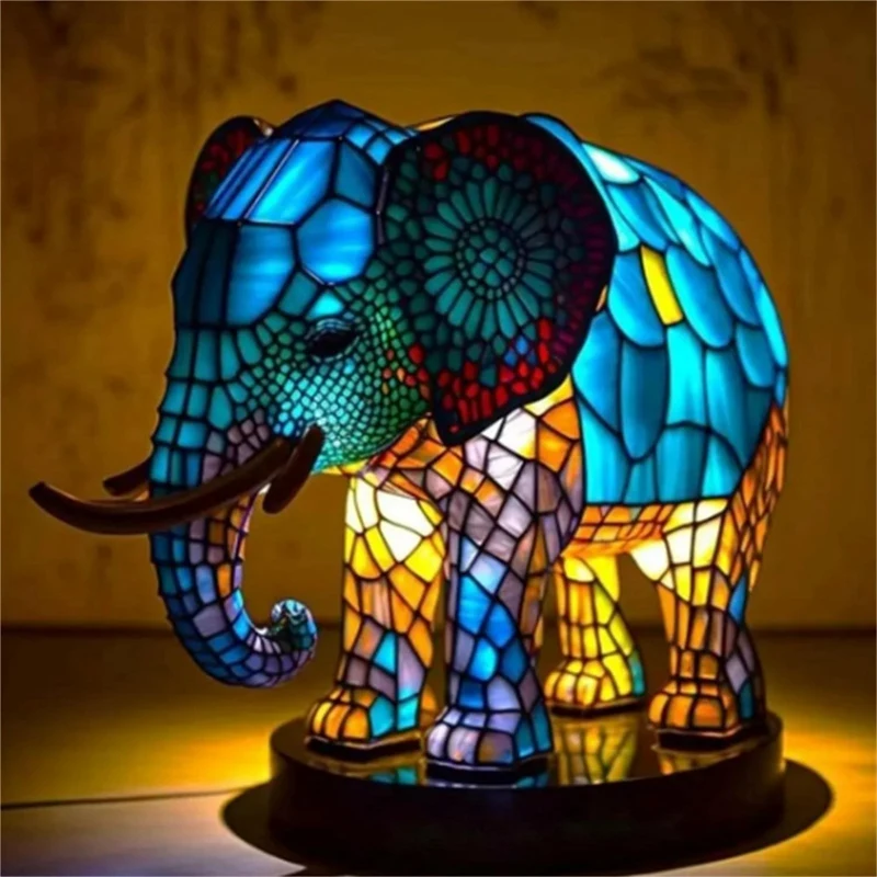 Imagem -03 - Manchado Animal Candeeiro de Mesa Tingido Resina Elefante Desktop Night Light Table Night Light Lâmpada de Luz Fácil Instalação 3d