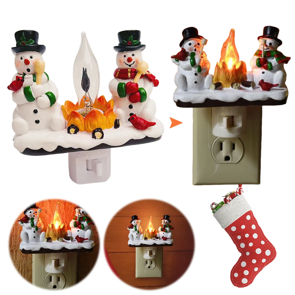 Snowman Bonfire Night Light Campfire Flicker Night Light Decorative Snowman Statue Light Plug In Nightlight for Party Favors