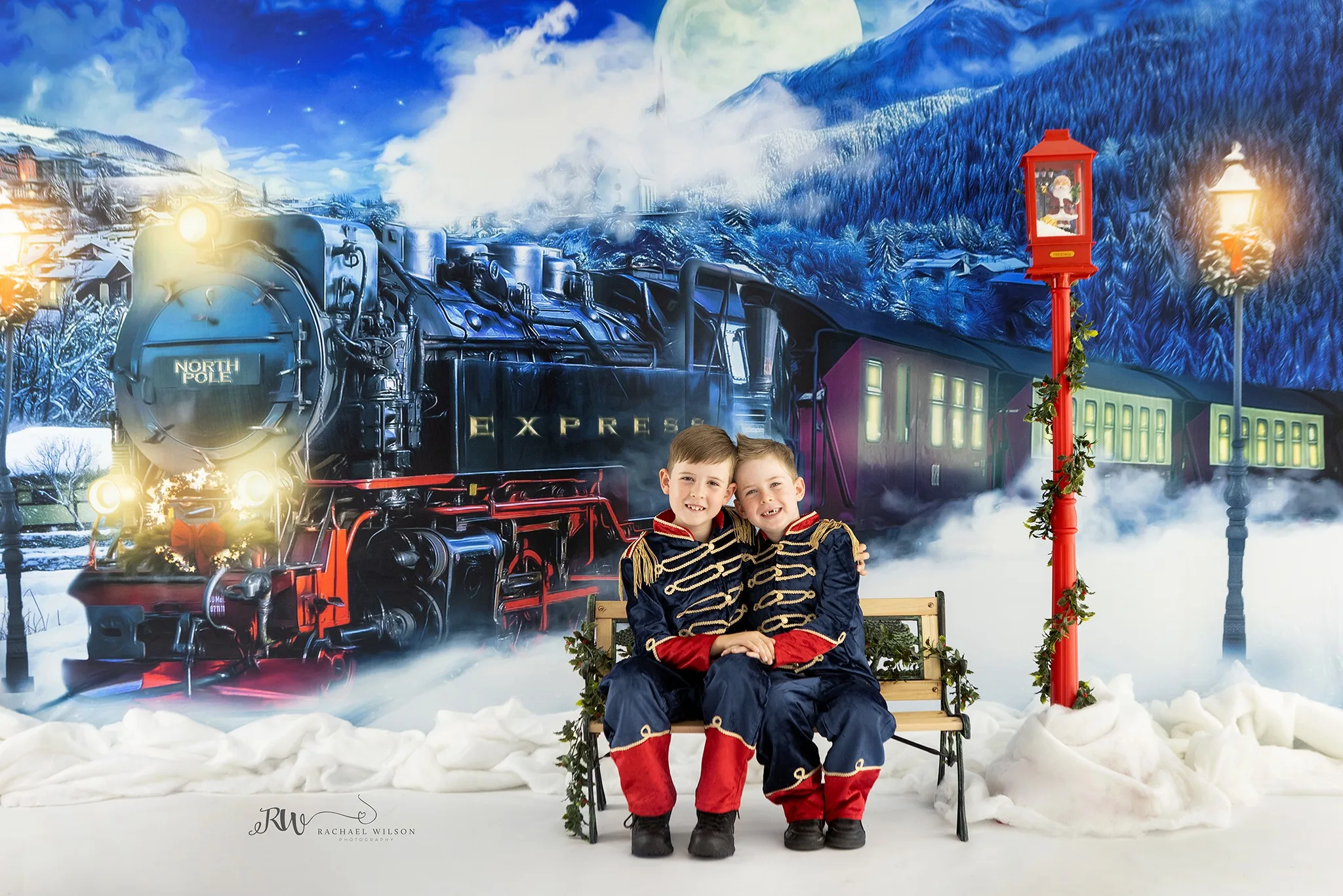 Christmas Polar Express Train Backdrop Snow Forest Big Moon Decor Sleigh Snowflake Birthday Party Family Kids Portrait Backgroun