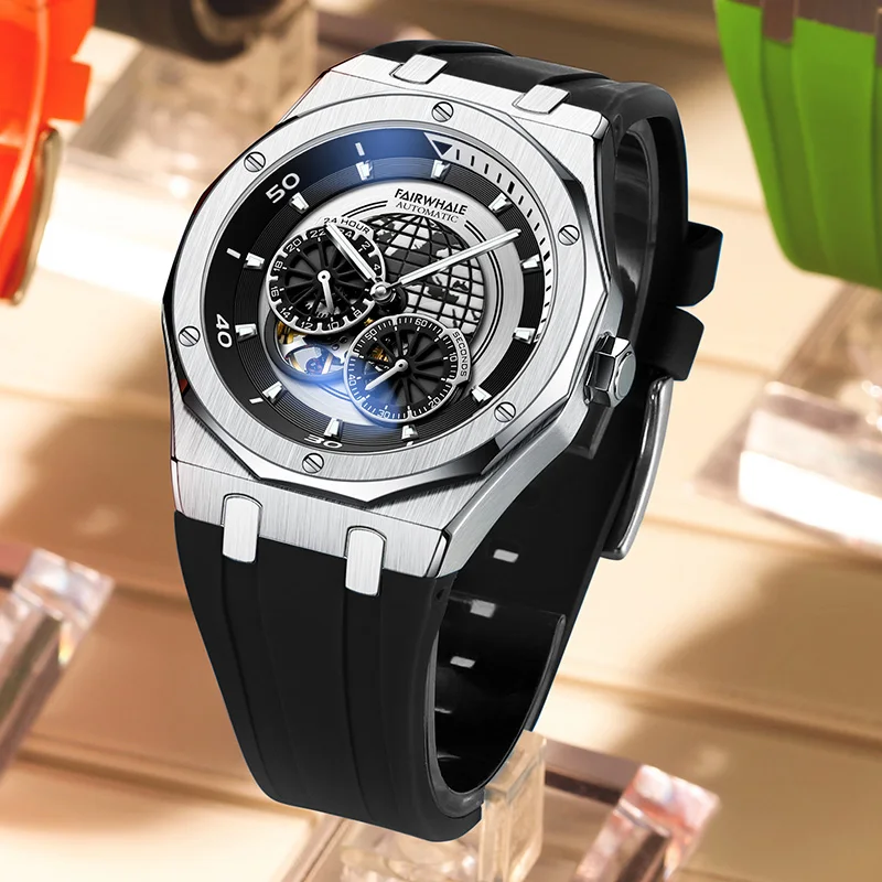 Mark Fairwhale Men Automatic Watch 42mm Sport Mechanical Wristwatch 50M Waterproof Luminous Skeleton Rubber Strap Planet dial