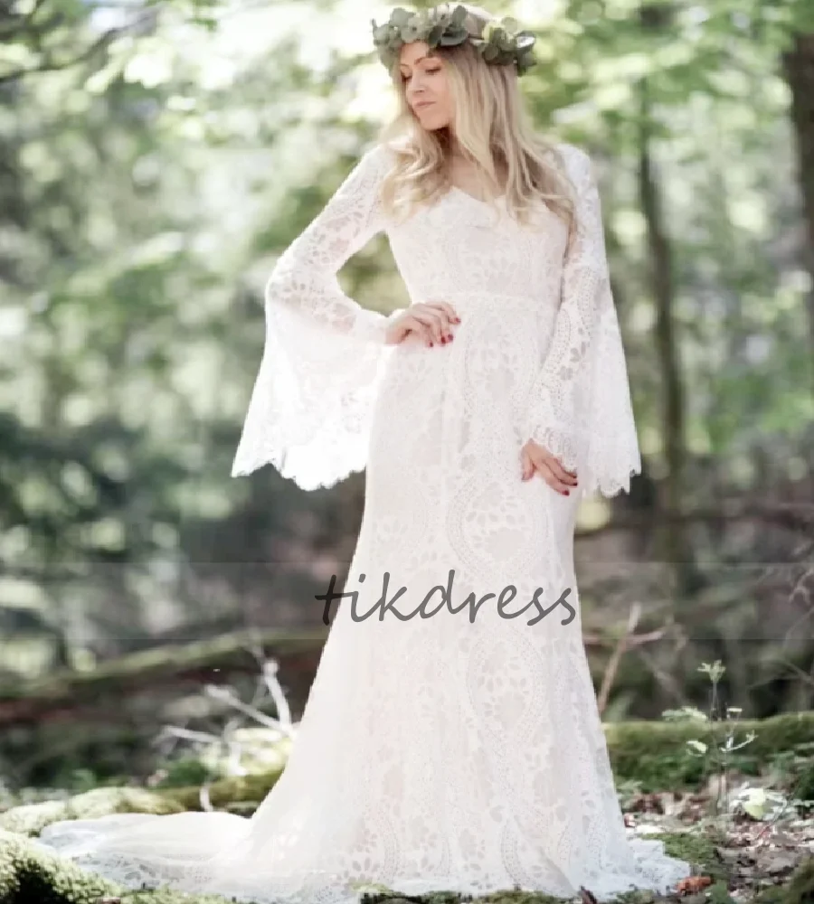 Forest Fairy Wedding Dress 2026 Belle Sleeve Full Lace Rustic Bohemian Bridal Gowns Backless Boho Beach Country Bride Dress
