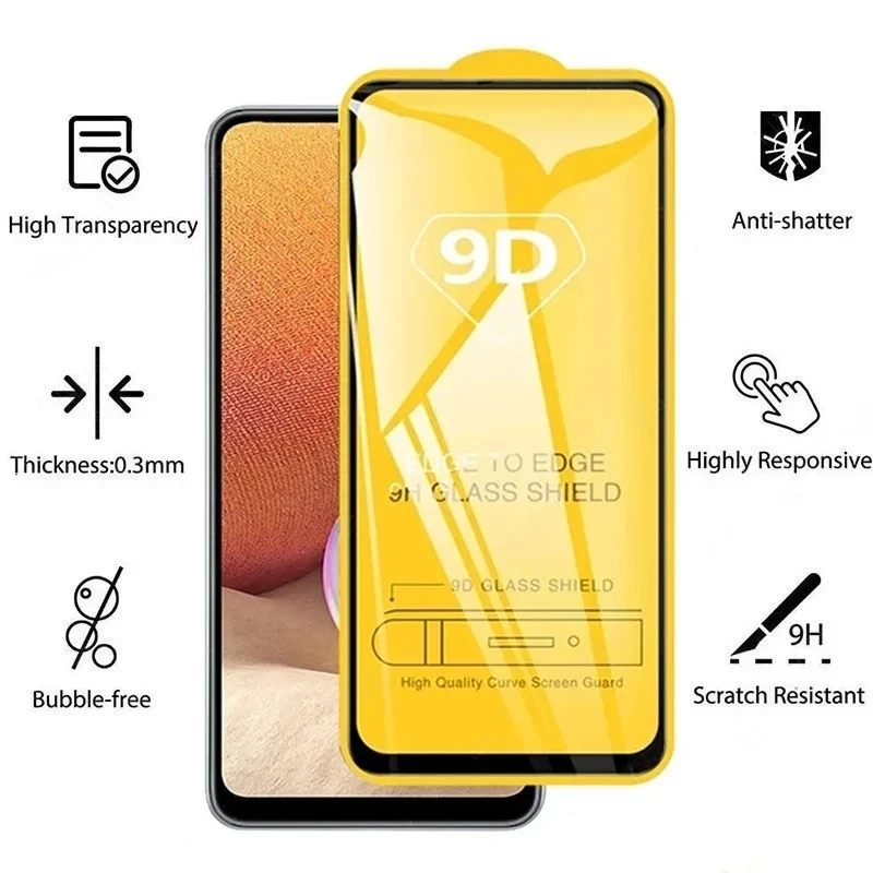 9D Tempered Glass For Samsung A54 A34 A55 A35 A15 A13 A14 A53 A52 A12 A33 A23 A32 A73 A50 A70 A21S Screen Protector + Lens Film