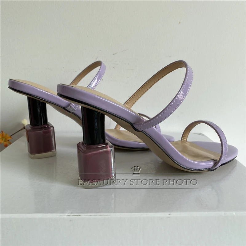 Luxury Patent Leather Narrow Band Slip-on Mules Summer Sexy Slingbacks Open Toe Novelty Nail-Polish Heel Sandals Women