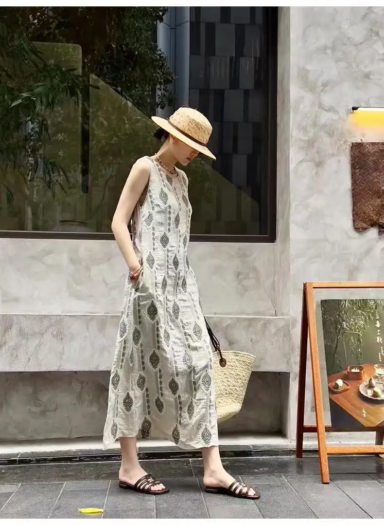 2025 Summer Women Cotton Linen Ethnic Style Sleeveless Print Loose Long Dress Boho Beach Holiday