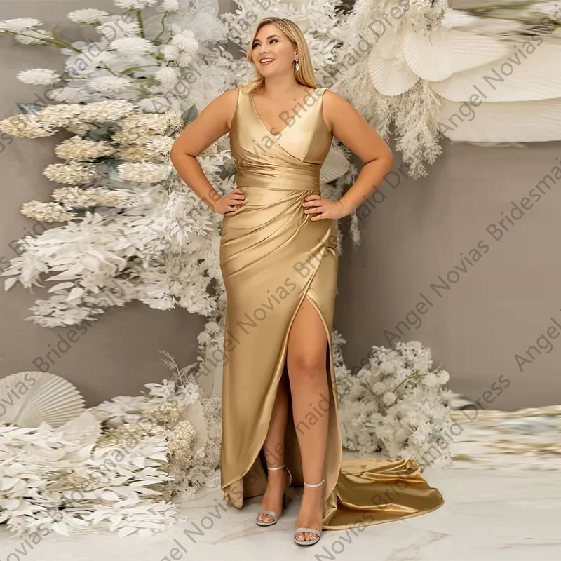 Customized V Neck Plus Size Champagne Bridesmaid Dresses with Split Formal Party Birthday Vestidos De Festa