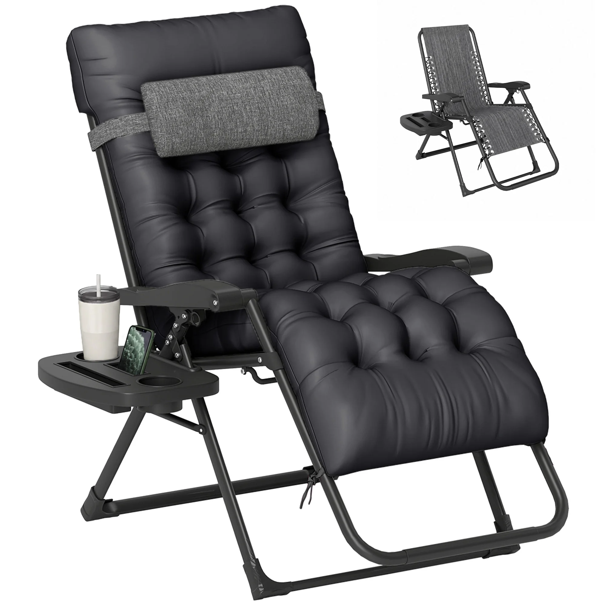 Zero Gravity Folding Patio Recliner, Cushion, Reclining Chair, Cup Holder Black