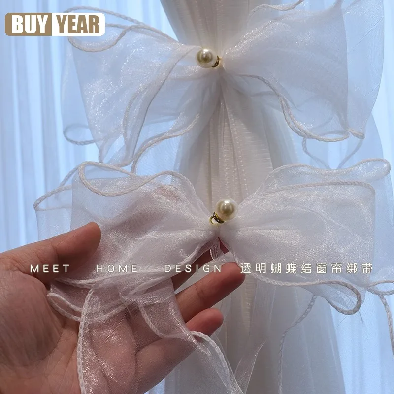 

Curtain straps lace pearl bow straps Nordic style three-dimensional organza French lace straps