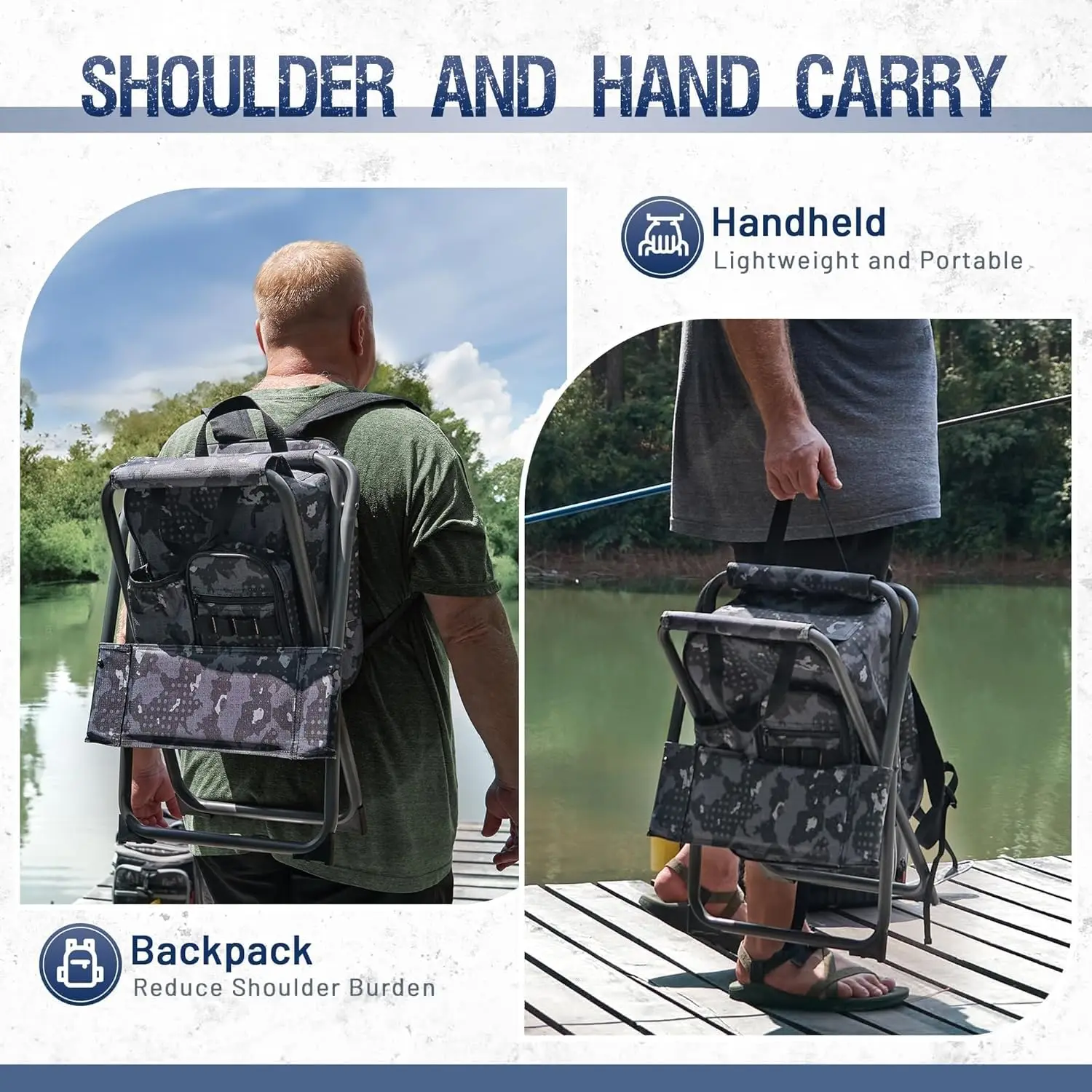 مقعد تخييم قابل للطي مع حقيبة تبريد ومسند ظهر، محمول خفيف الوزن للصيد والمشي لمسافات طويلة في الهواء الطلق، يدعم ما يصل إلى 350 رطلًا