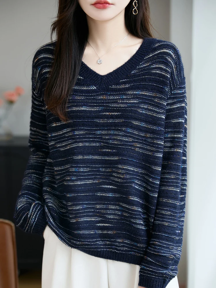

2025 New Lazy Sle Striped V-Ne Knitted Sweater Women's Loose Base Layer irt Spring Autumn Outerwear Casual French Sle