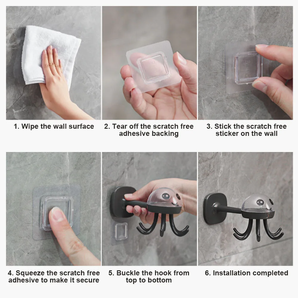 360 Degrees Rotated 6 Hooks Kitchen Self Adhesive Wall Door Hook for Tableware Bag Clothes Ties keys Hanging Rack Home Storage