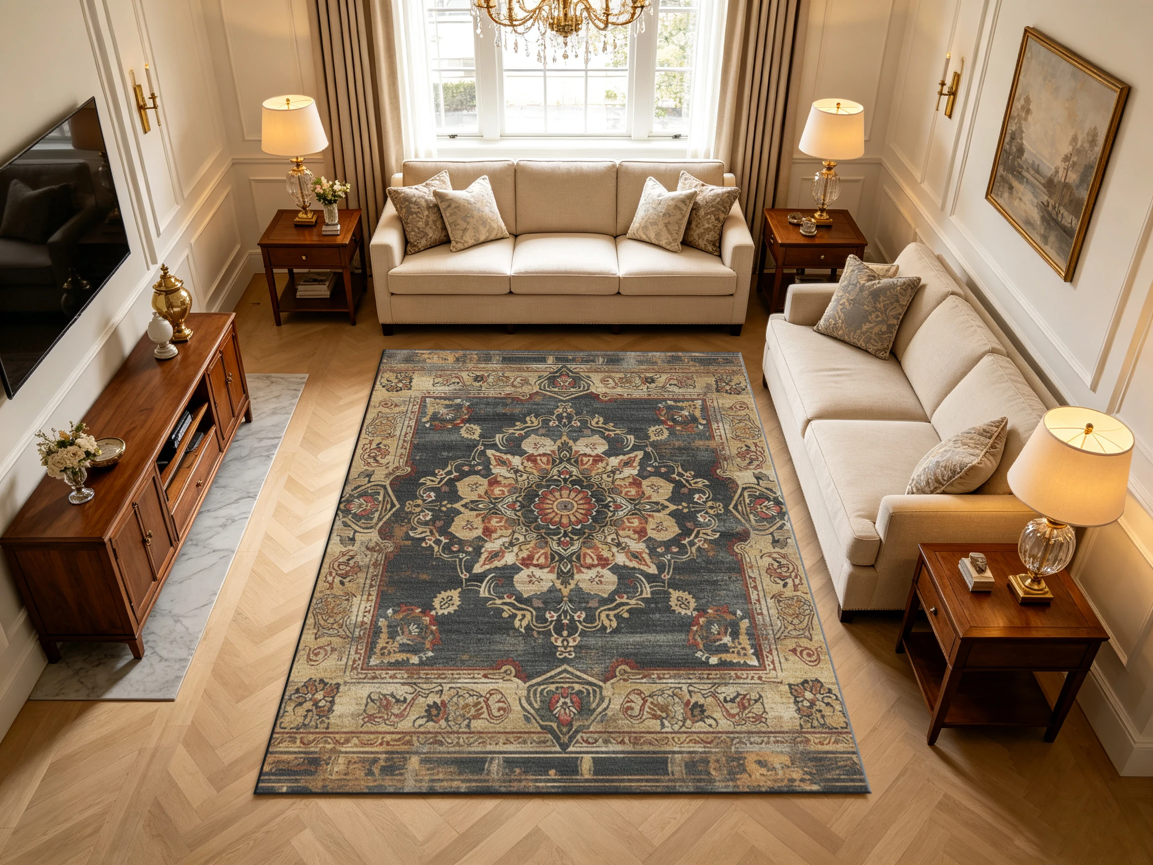 Vintage Distressed Oriental Carpet Flooring, Antique Persian Medallion Area Rug for Living Room Study Room Home Accent