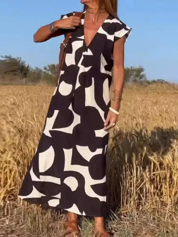 Abito con stampa di moda femminile casual scollo a V pullover senza maniche abiti larghi per le donne gonna da vacanza Boho abbigliamento da donna estivo