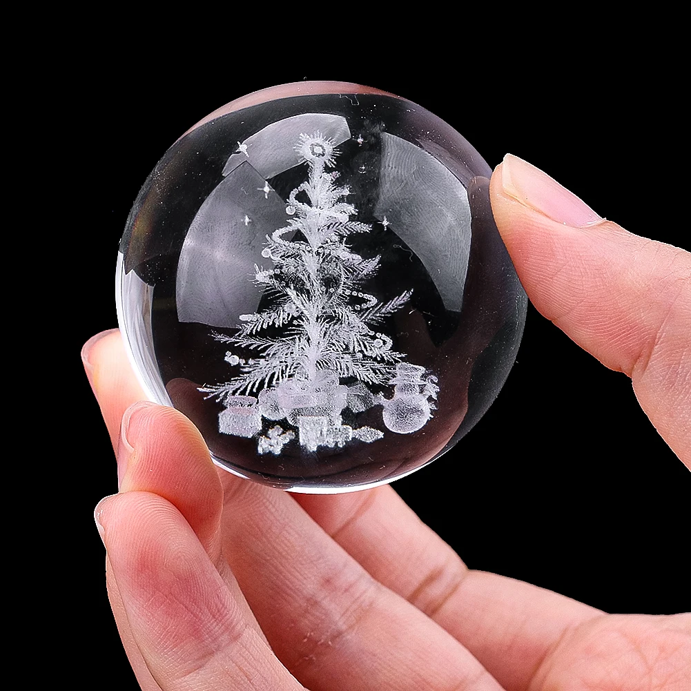 3D Laser Christmas Tree Crystal Ball Glass Paperweight Decorative Ball Art Sphere Globe Display Stand Home Xmas Decoration Props