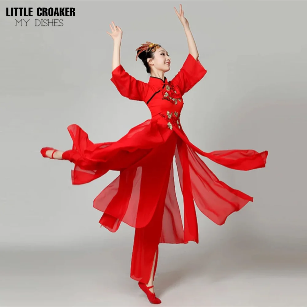 

Classical Dance Performance Dress Female Chinese Ethnic Flowing Fan Folk Dance Clothes Chinese Yangko Dance Costume for Women