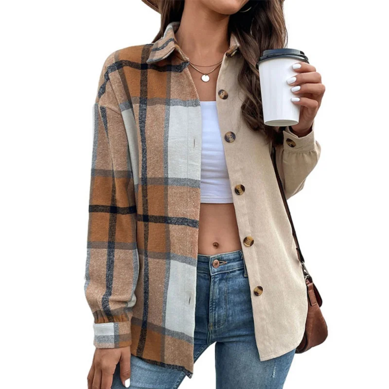 

Women's Shirt Corduroy Plaid Long Sleeve Button-Down Casual Fall Blouse