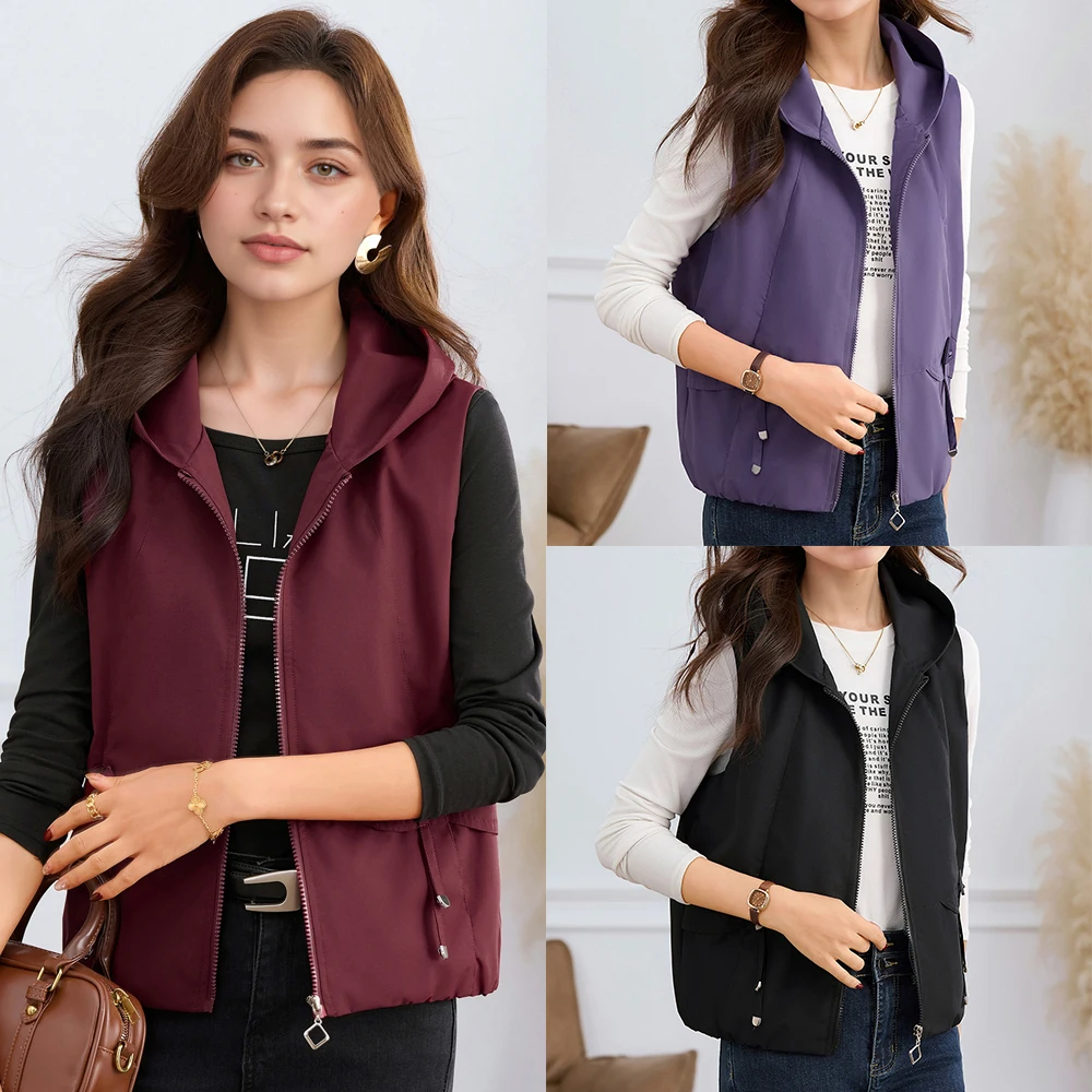 

Spring Solid Color Hooded Vest Sleeveless for Female Daily Casual Comfortable Loose Solid Coat Women Outdoor Sports Vest