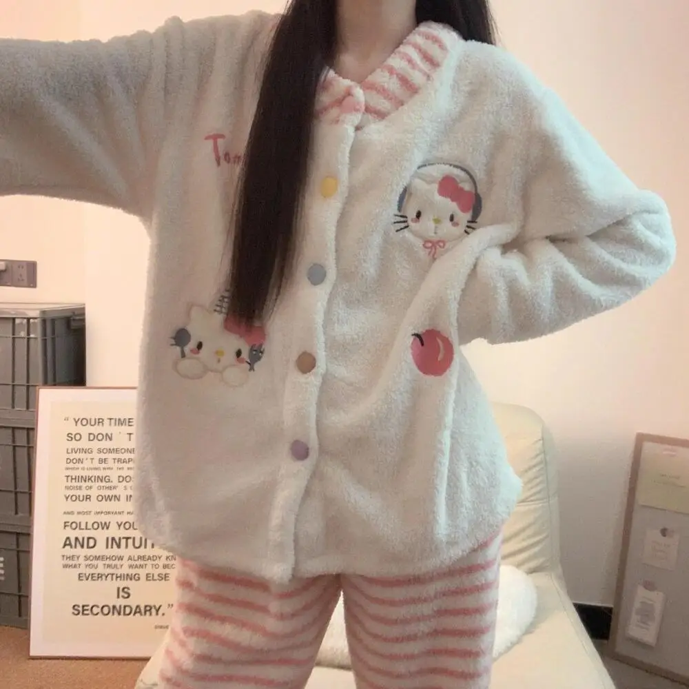 حار النسخة الكورية الفتيات مرحبا كيتي منامة مجموعة الشتاء الكرتون KT أفخم أعلى سروال مخطط سترة دافئة المرجان الصوف Homewear #3