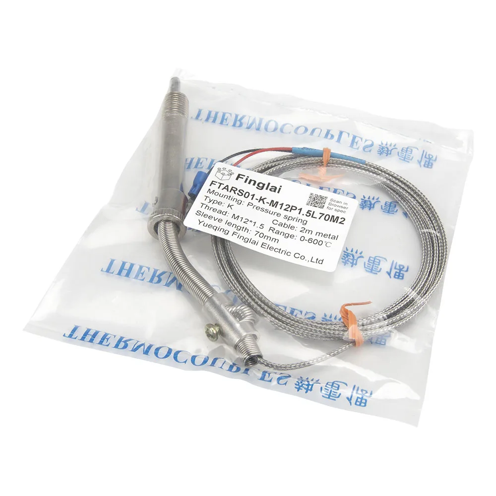 FTARS01 Tipe K 2 M Kabel Dikepang M12 Tekanan Musim Semi 70 Mm Panjang Lengan Sensor Suhu Termokopel Wrnt Wret