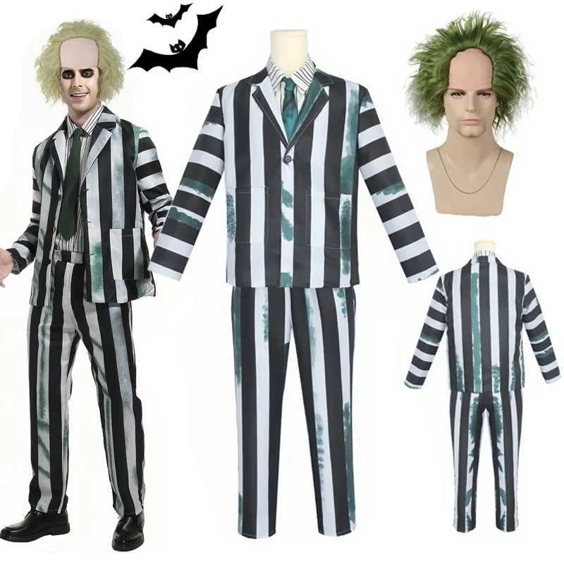 Adult Men Costume Black and White Striped Suit with Wig for Halloween Cosplay Party Outfit Horror Movie Character