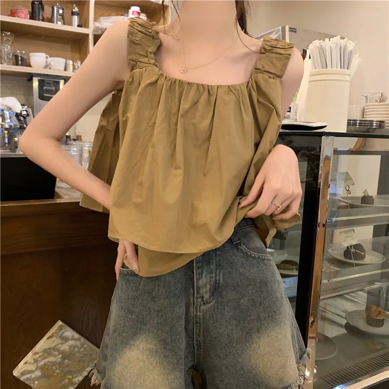 Chic Women Tank Top Summer Clothes 2024 New Korean Popular Style Female Casual Sleeveless Layered White Khaki Tops Vest