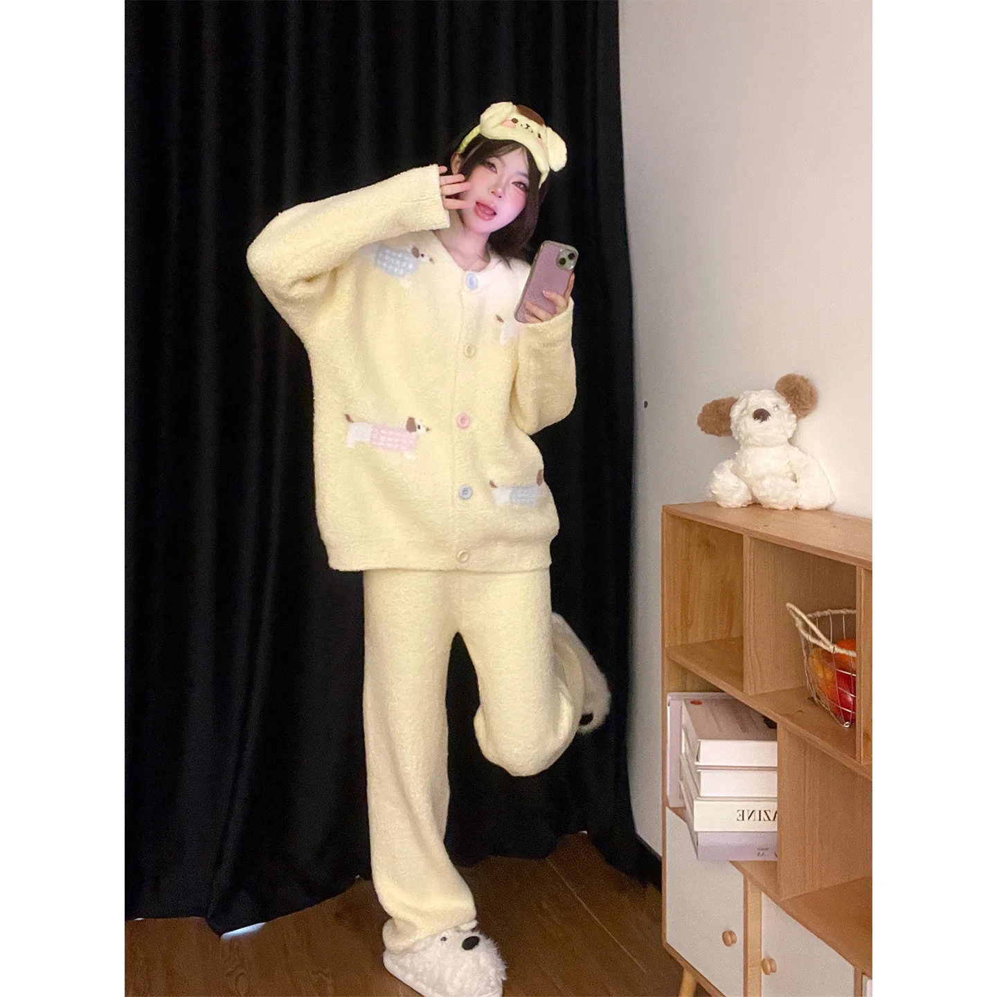 المرجان الصوف ملابس خاصة النساء شتاء دافئ أصفر سترة السراويل ملابس المنزل المرأة طالب الحلو المتسكعون منامة مجموعة