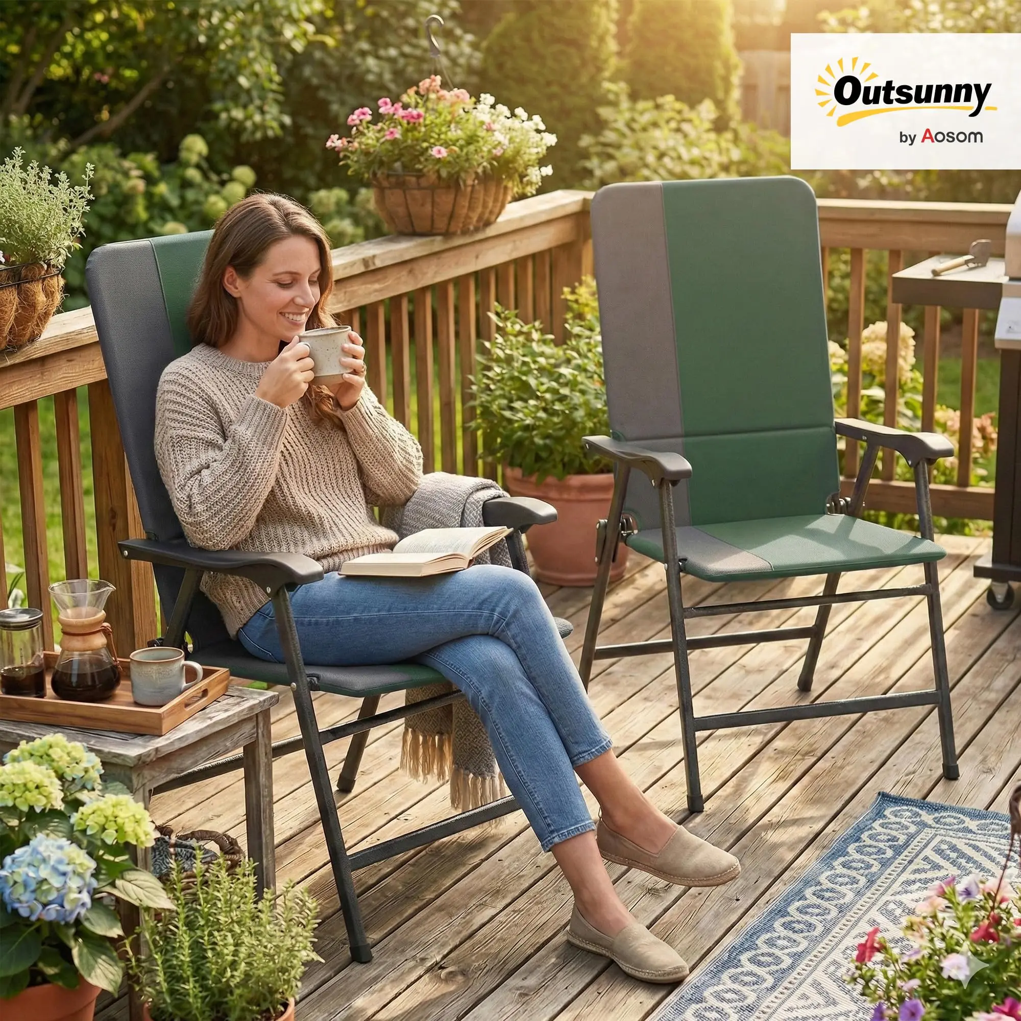 Folding Patio Chairs Set of 2 Padded High Back Armrests Dark Green