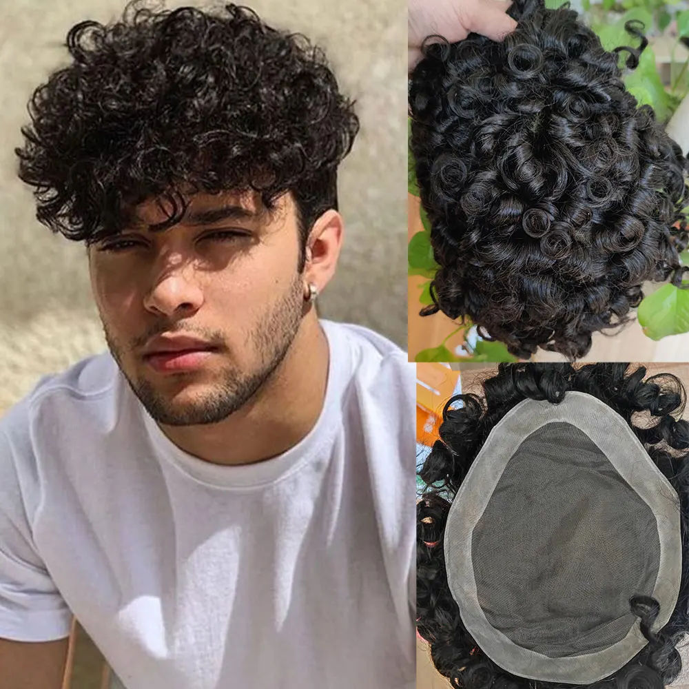

Кудрявый парик для мужчин, система волос, монокружевной топ с прочным полиуретаном вокруг 20 мм, 8x10, сменные системы для мужчин, шиньон 1B, черный