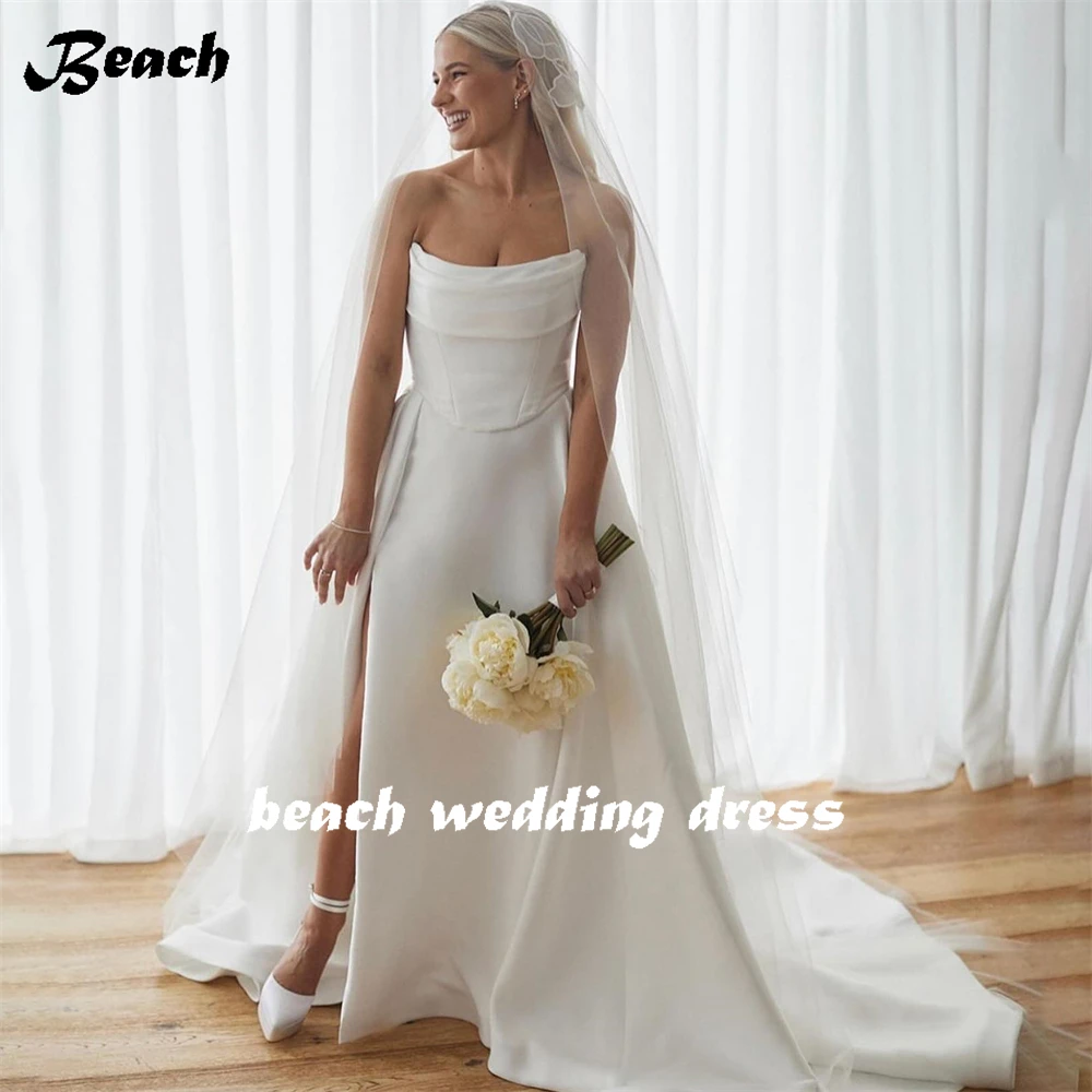 Robe de mariée en satin sans bretelles avec fente latérale haute, simple, sexy, dos nu, train de balayage, bohème, vêtements éducatifs, plage, patients de mariage